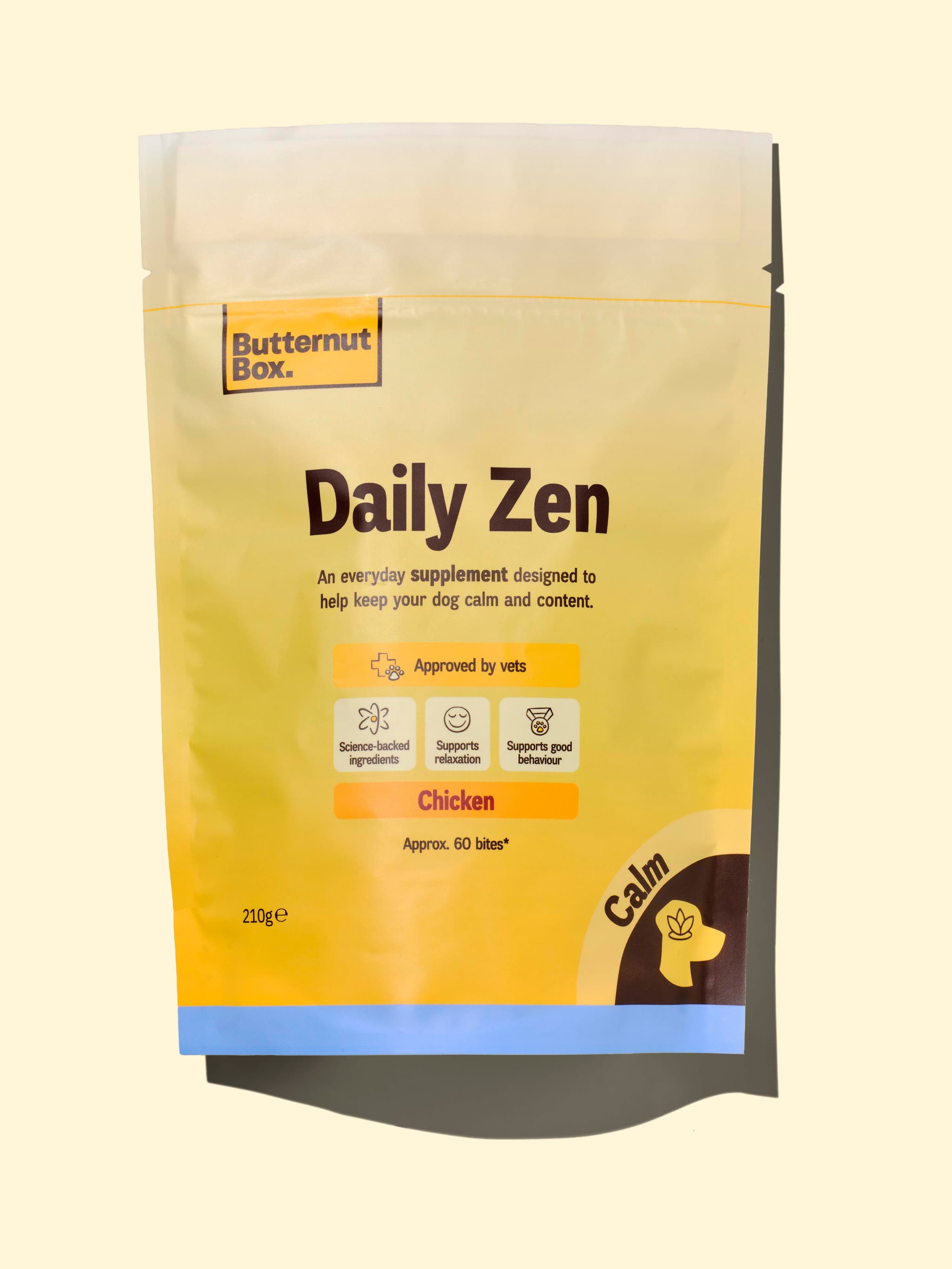 Butternut Box Daily Zen dog supplement packaging, featuring calming chicken bites for relaxation, science-backed ingredients, and vet approval.