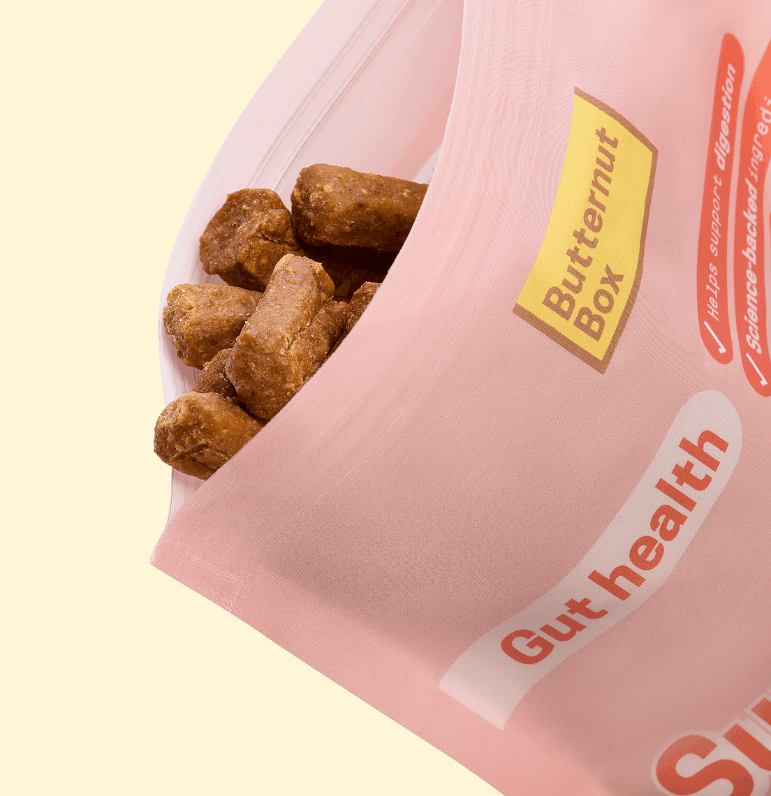Pink resealable pouch labeled "Butternut Box" and "Gut health" with brown kibble-like dog food pieces spilling out.