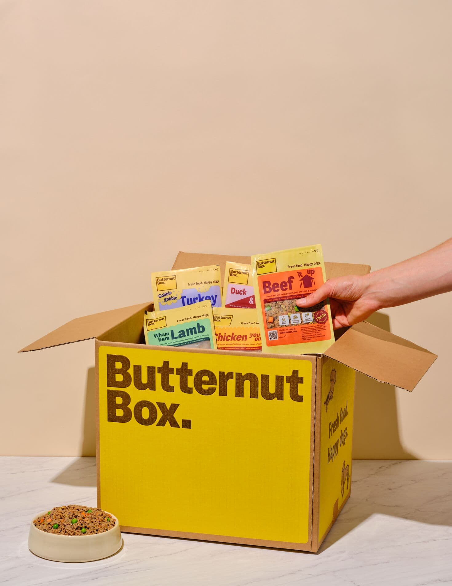 Butternut Box with assorted dog food packets and a bowl of fresh dog food on a marble surface.